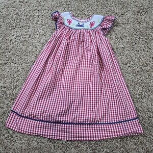 Sucre by‎ Le' Za Me Red Gingham Smocked Dress Crabs Lobsters Nautical 4T Girls